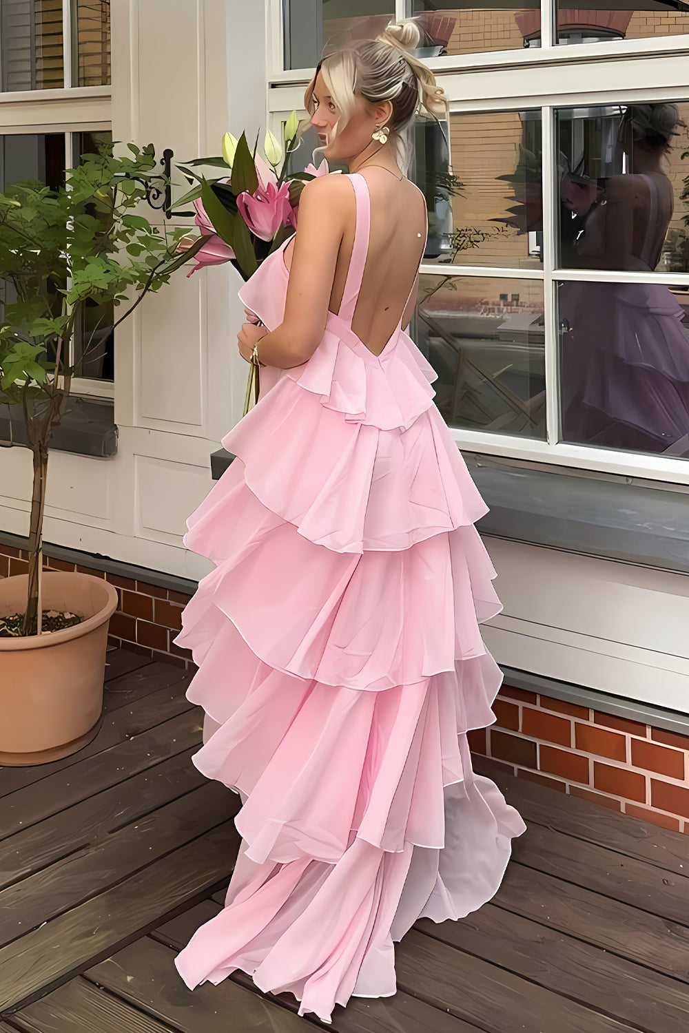 Princess A Line Halter Neck Pink Long Prom Dress with Ruffles