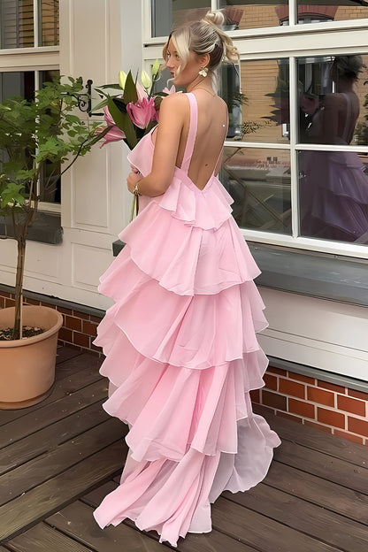 Princess A Line Halter Neck Pink Long Prom Dress with Ruffles