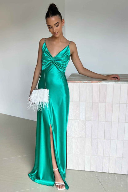 Chic A Line Spaghetti Straps Yellow Long Party Dress with Split Front