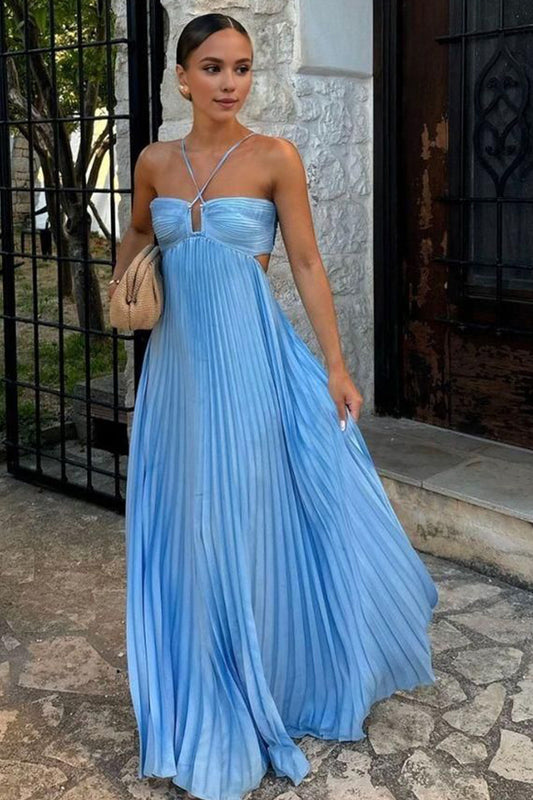Chic A Line Halter Neck Blue Long Party Dress with Backless