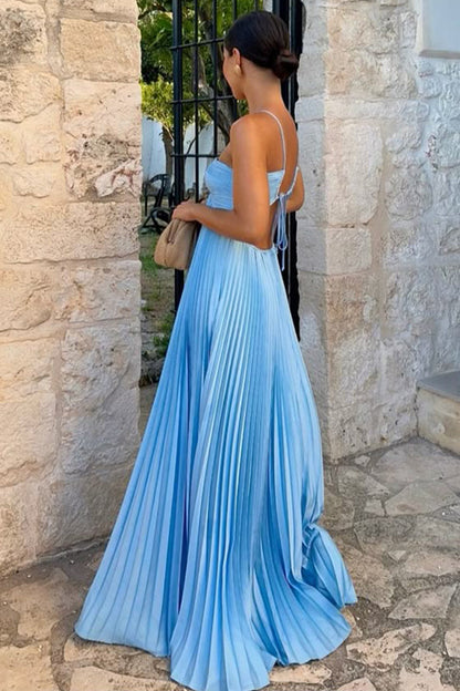 Chic A Line Halter Neck Blue Long Party Dress with Backless