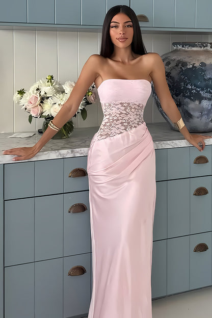 Stylish Sheath Strapless Pink Long Prom Dress with Lace