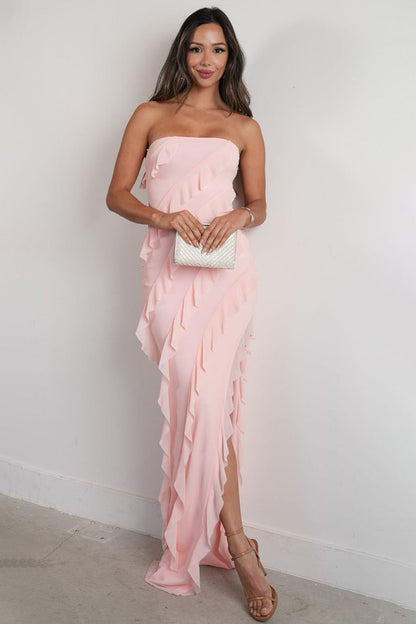 Fashion Sheath Strapless Pink Long Prom Dress with Ruffles