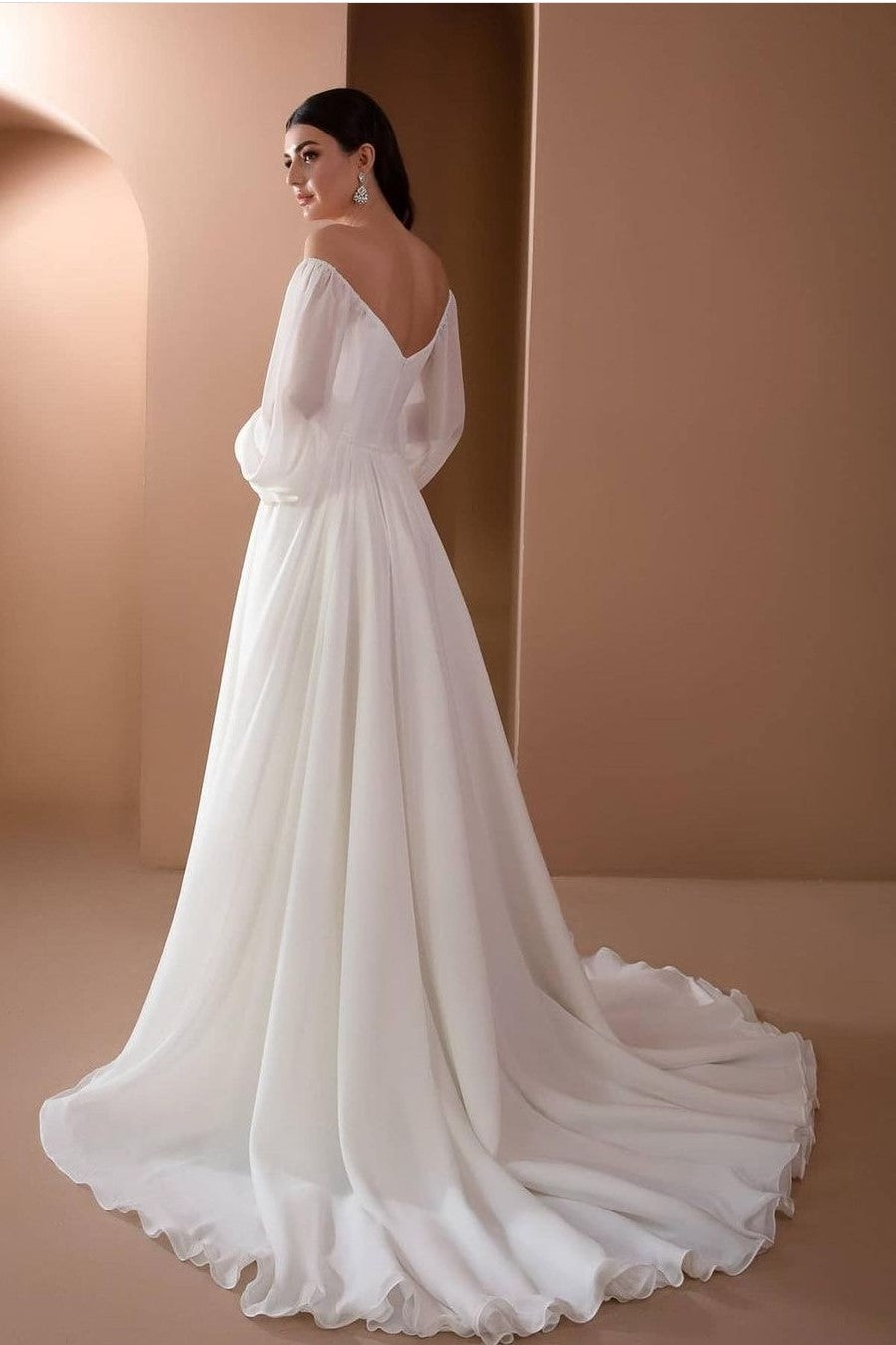 Pleated Chiffon Beach Wedding Gowns with Off-the-shoulder Sleeves