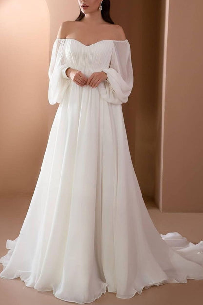Pleated Chiffon Beach Wedding Gowns with Off-the-shoulder Sleeves
