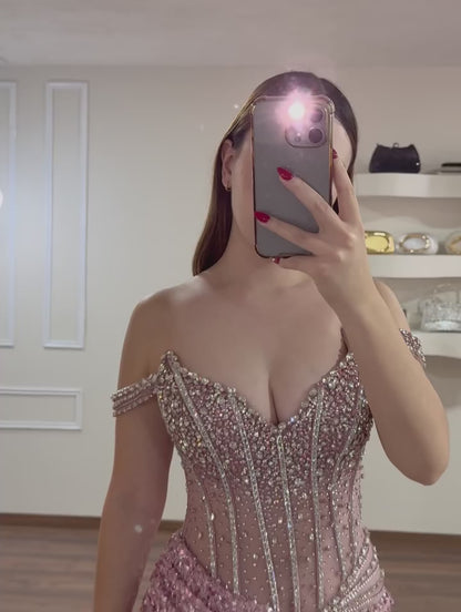 V-Neck Sleeveless Sequins Beaded Sparkly Sheath Prom Dress