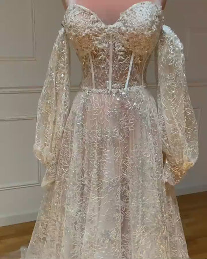 Sweetheart Long Sleeves Beaded Embroidery A-Line Wedding Dress