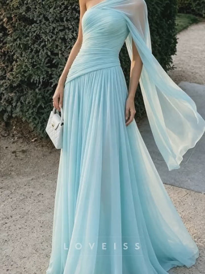 One Shoulder Chiffon A-Line Evening Gown with Cape Sleeve