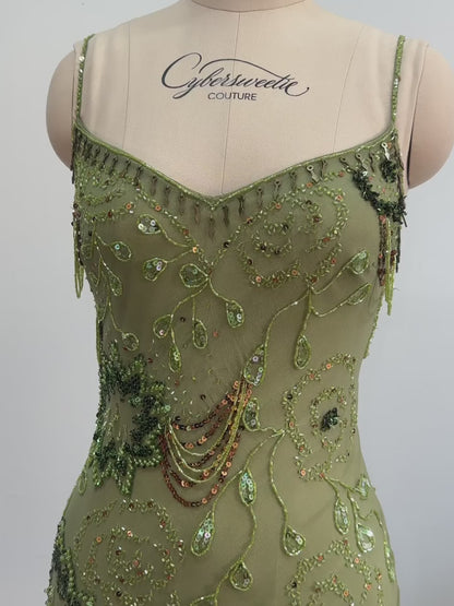 V-Neck Spaghetti Straps Beaded Appliques Mermaid Prom Dress