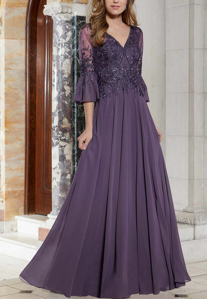 V-Neck Long Sleeves Appliques Pleated Chiffon A-Line Prom Dress