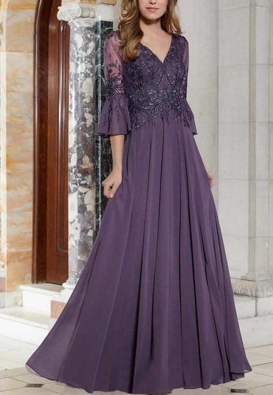 V-Neck Long Sleeves Appliques Pleated Chiffon A-Line Prom Dress