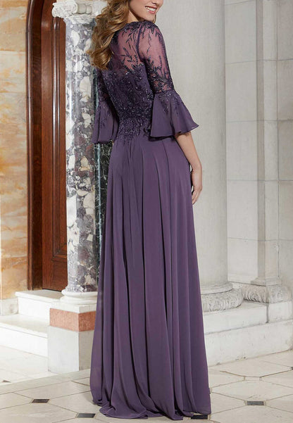 V-Neck Long Sleeves Appliques Pleated Chiffon A-Line Prom Dress