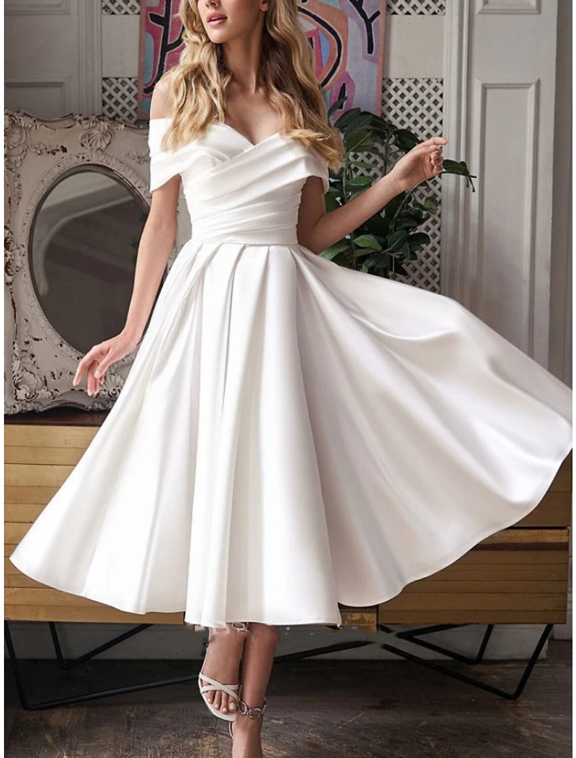 Little White Dresses Wedding Dresses A-Line Off Shoulder Short Sleeve Tea Length Satin Bridal Gowns With Pleats Solid Color
