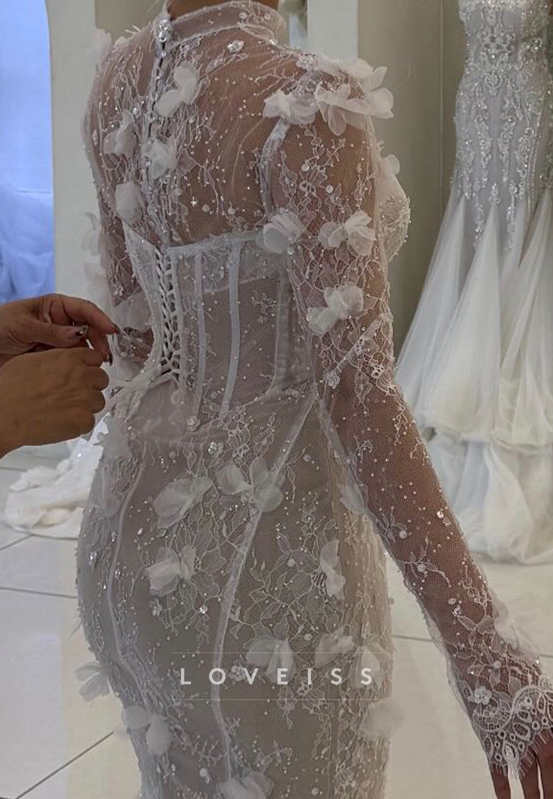 High Neck Long Appliques Floral Embellished Mermaid Wedding Dress