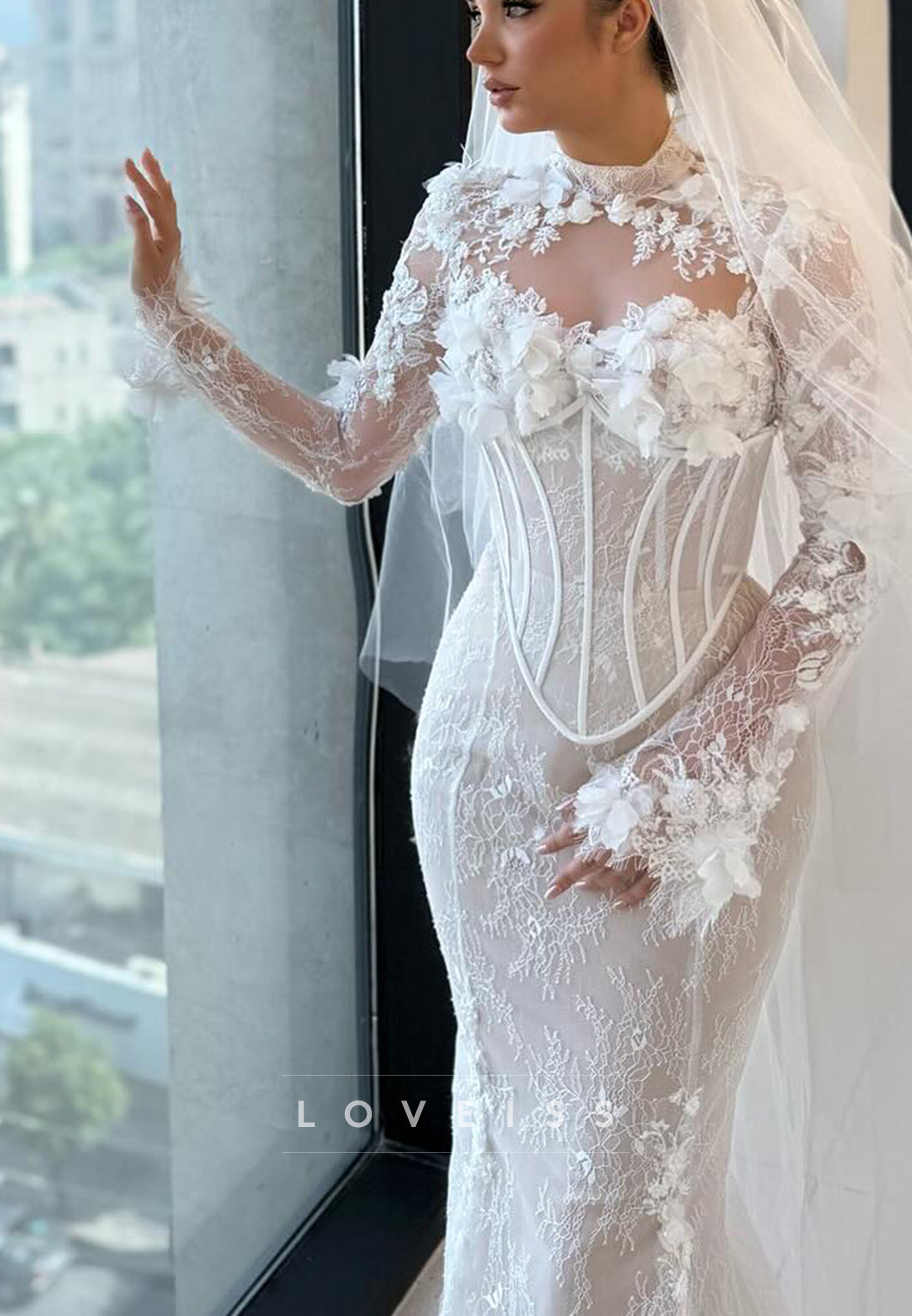 High Neck Long Appliques Floral Embellished Mermaid Wedding Dress