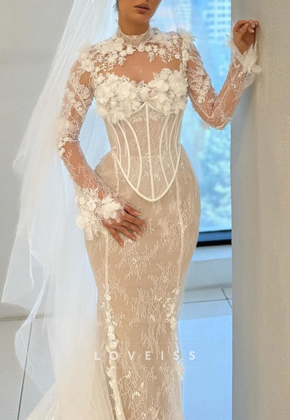 High Neck Long Appliques Floral Embellished Mermaid Wedding Dress