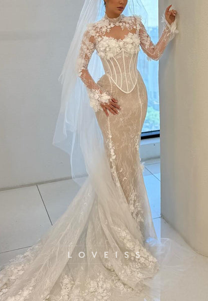 High Neck Long Appliques Floral Embellished Mermaid Wedding Dress