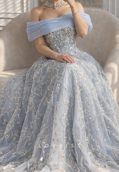 Off-Shoulder Sparkly Beaded Embroidery A-Line Prom Dress