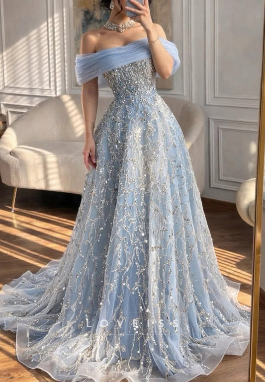 Off-Shoulder Sparkly Beaded Embroidery A-Line Prom Dress