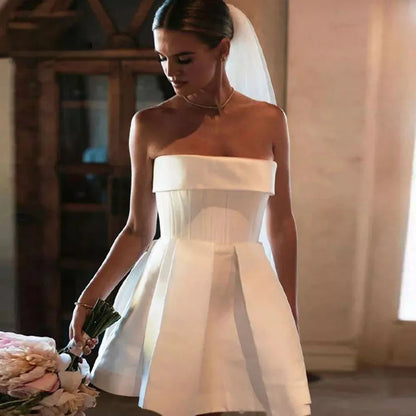 Elegant Strapless Pleat Short Wedding Dress For Women Simple Backless A Line Above Knee Mini Bridal Gown