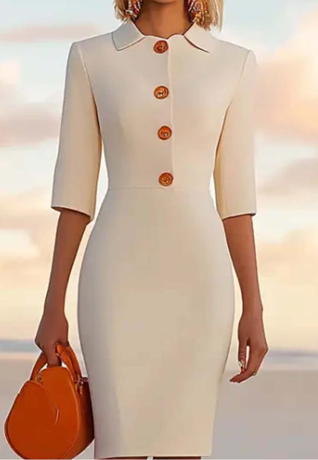 Work Semi-Formal White Dress Long Sleeve Bottoned Lapel Midi Dress