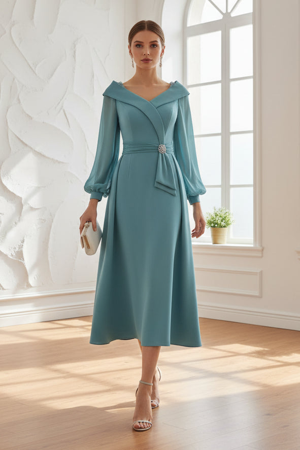 V-Neck Long Sleeves Sheath Mother of Bride Dress