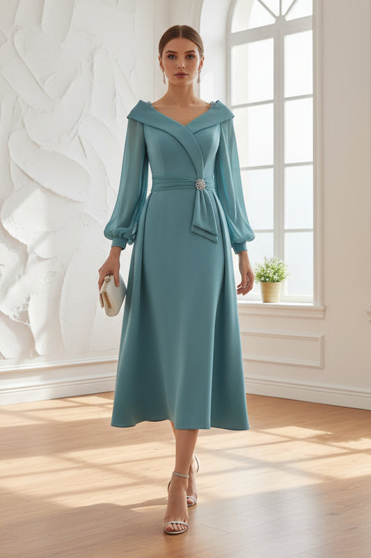 V-Neck Long Sleeves Sheath Mother of Bride Dress