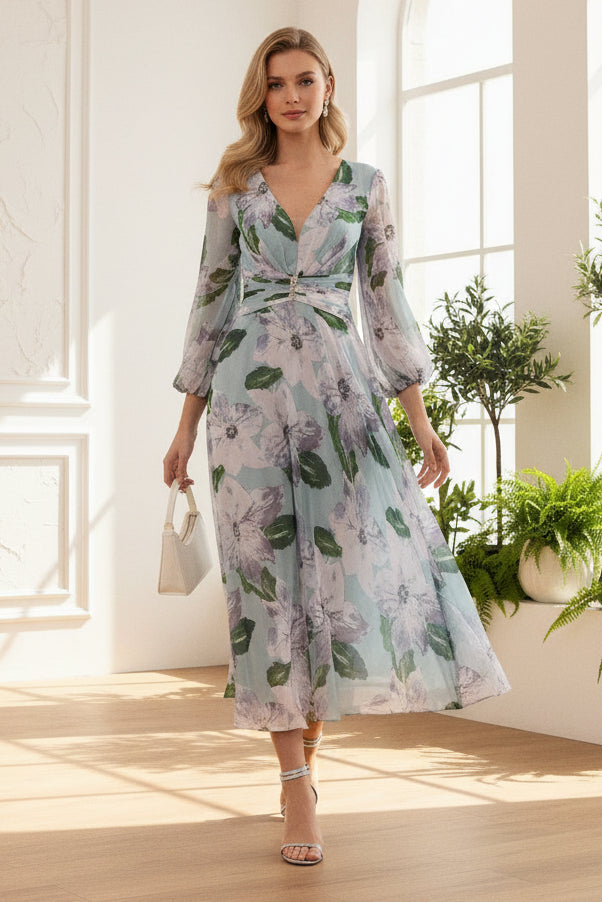 V-Neck Floral Printed Pleated Summer Mother of Bride Dress