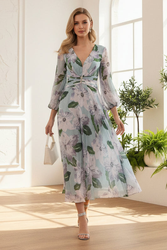 V-Neck Floral Printed Pleated Summer Mother of Bride Dress