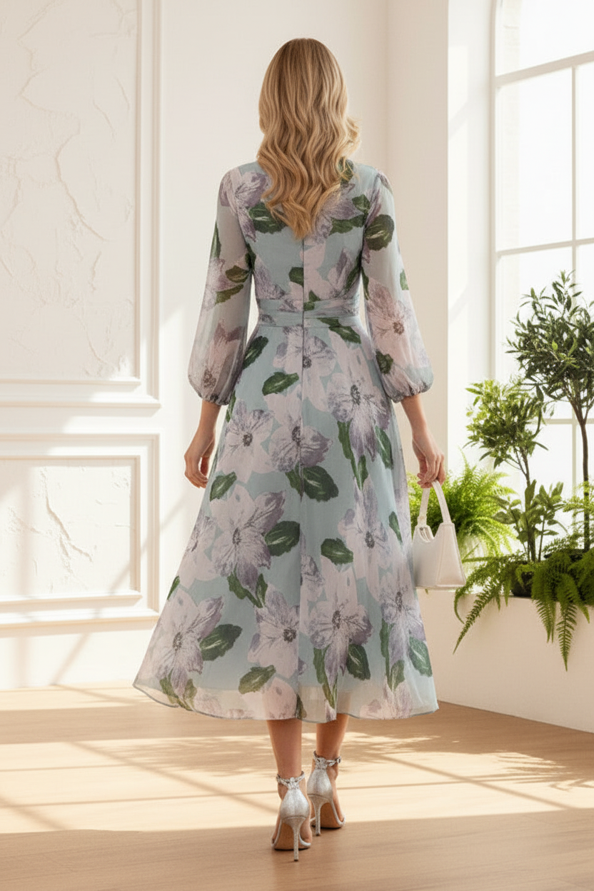 V-Neck Floral Printed Pleated Summer Mother of Bride Dress