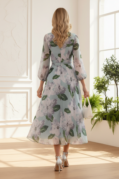 V-Neck Floral Printed Pleated Summer Mother of Bride Dress