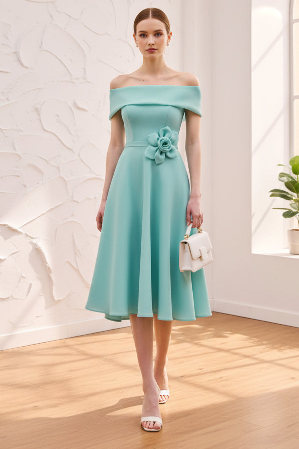 Off-Shoulder 3D Floral Satin A-Line Mother of Bride Dress