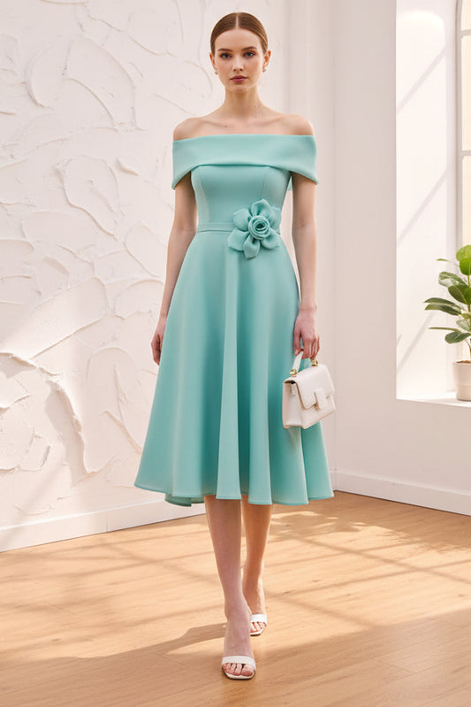 Off-Shoulder 3D Floral Satin A-Line Mother of Bride Dress