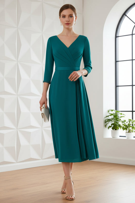 V-Neck Long Sleeves Pleated Mother of Bride Dress