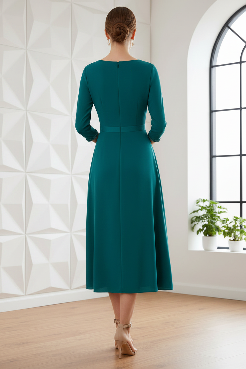 V-Neck Long Sleeves Pleated Mother of Bride Dress