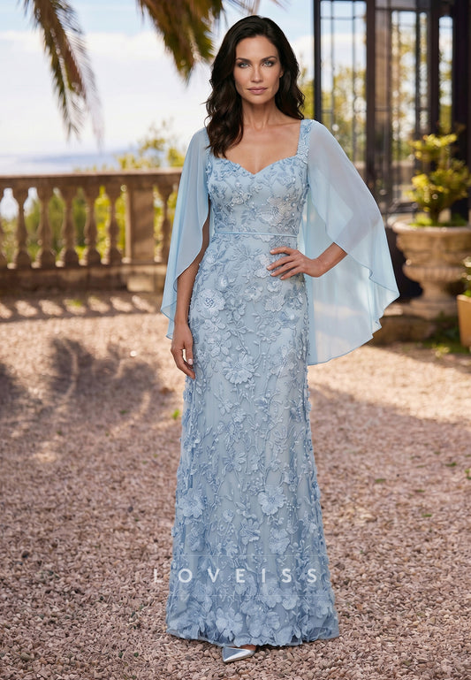 Scoop Chiffon Mother of the Bride Dresses Lace Floral Floor-Length Cape Sleeves