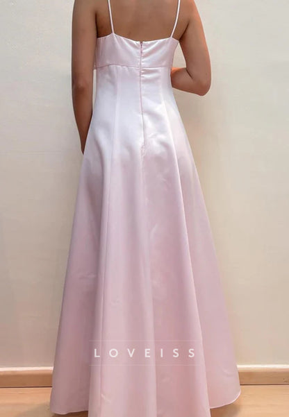 Pink Spaghetti Straps Appliques Empire-Waist Satin Prom Dress