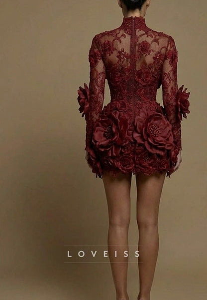 High Neck Long Sleeves 3D Floral Short Party Dress