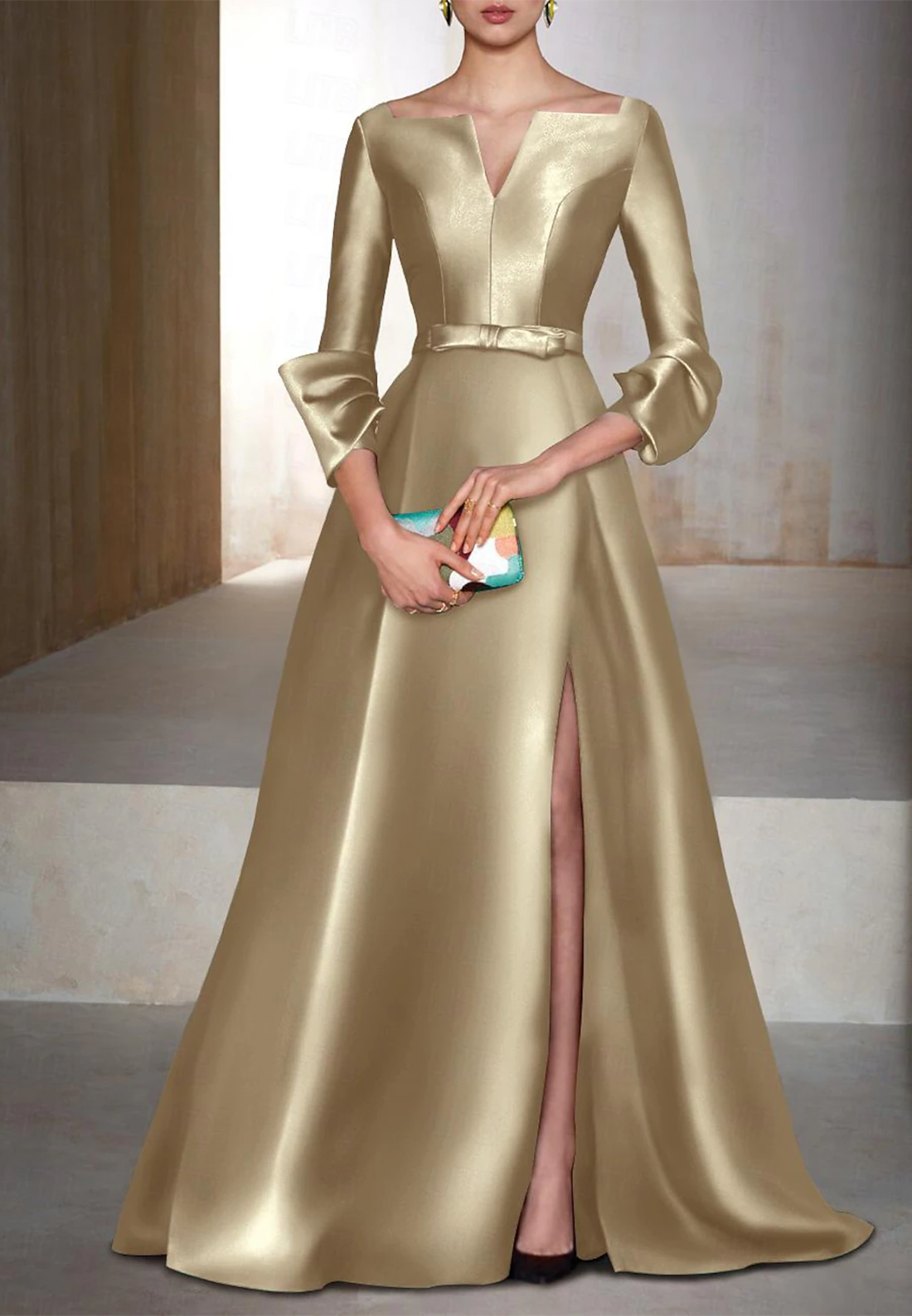 three piece formal dresses A Line V Neck 3/4 Sleeves Satin Mother of the Bride Dress Long Formal Loveiss