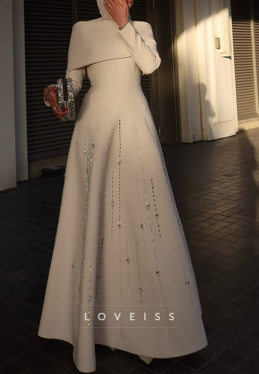 High Neck Long Sleeves Beaded A-Line Wedding Dress