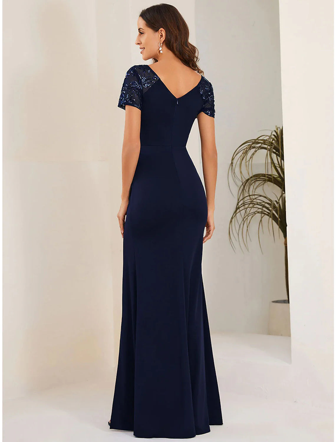 Mermaid / Trumpet Evening Gown Elegant Dress Formal Wedding Guest Sweep / Brush Train Long Sleeve V Neck Belt / Sash Stretch Fabric with Buttons Slit