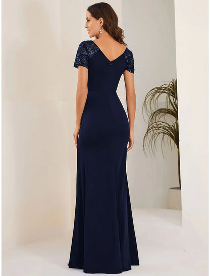 Mermaid / Trumpet Evening Gown Elegant Dress Formal Wedding Guest Sweep / Brush Train Long Sleeve V Neck Belt / Sash Stretch Fabric with Buttons Slit