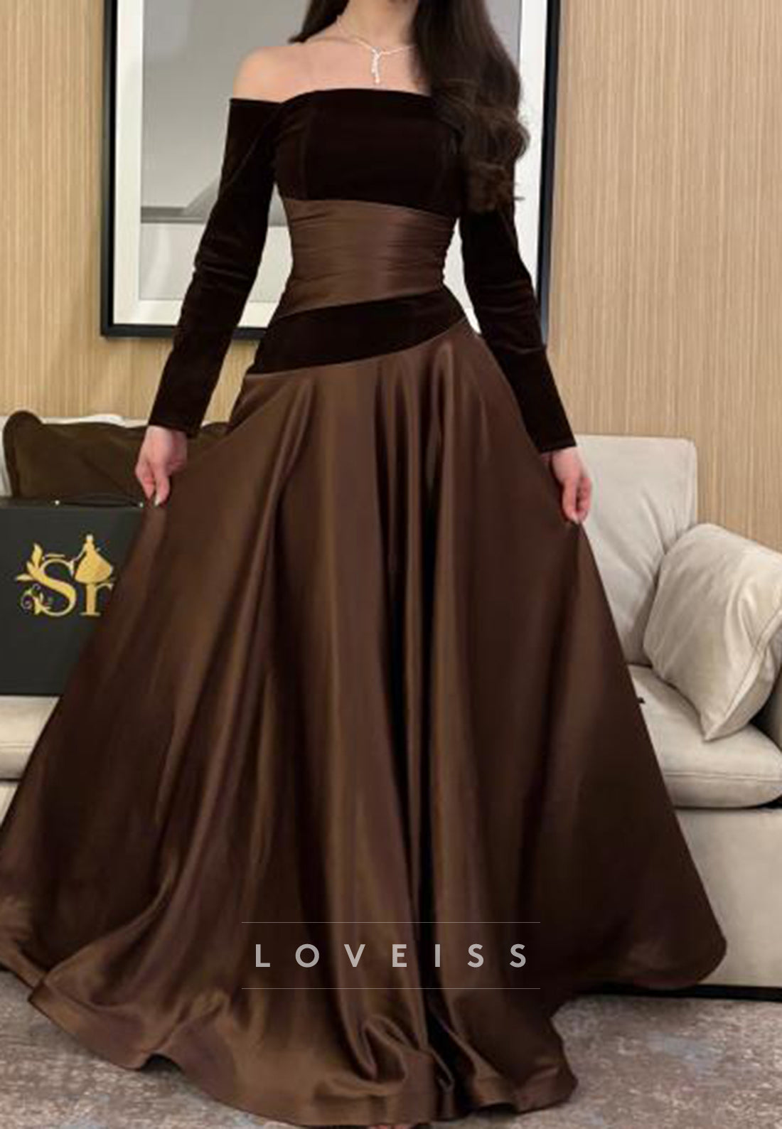 Off-Shoulder Long Sleeves Satin A-Line Prom Dress