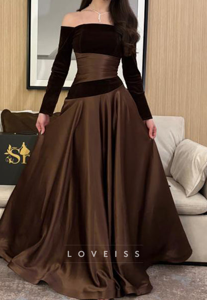 Off-Shoulder Long Sleeves Satin A-Line Prom Dress