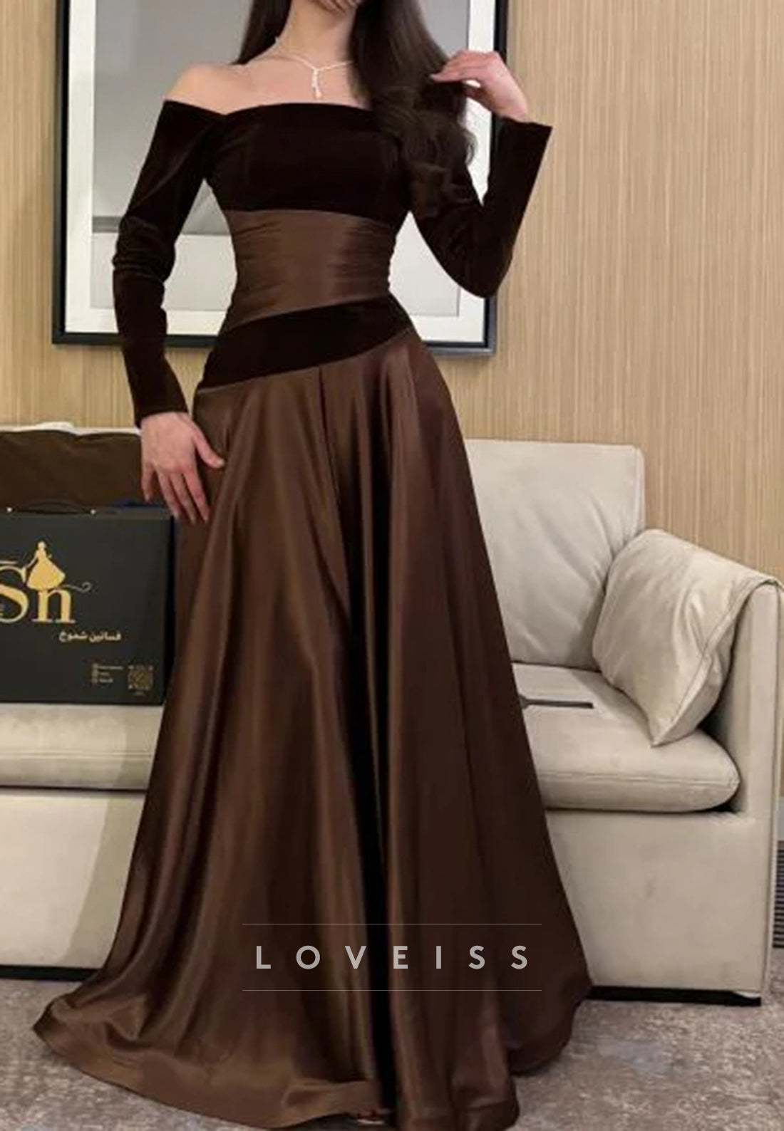 Off-Shoulder Long Sleeves Satin A-Line Prom Dress