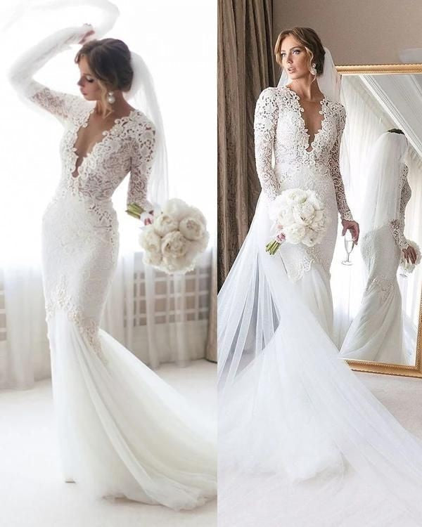 Sheer V-neck Lace Long-sleeve Wedding Gown