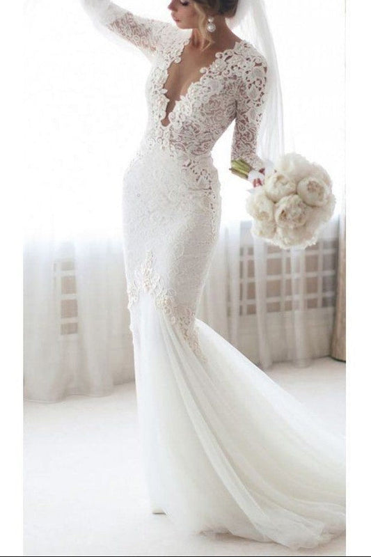 Sheer V-neck Lace Long-sleeve Wedding Gown