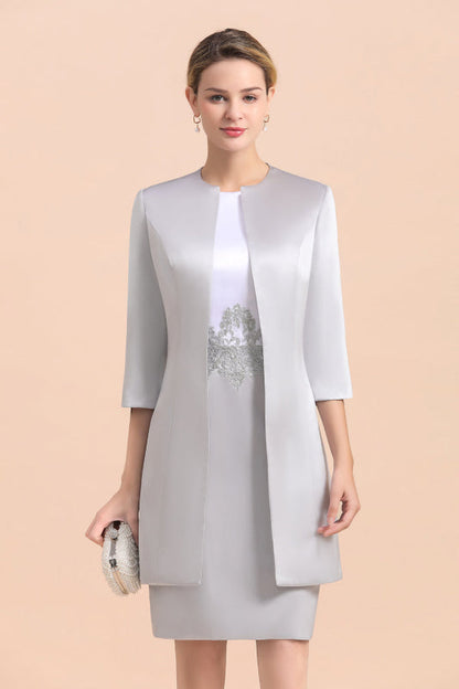 Silver Short Mother Of the Bride Dress Knee-Length Two Pieces Wedding Guest Outfits