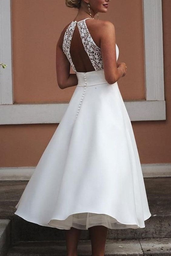 Sleeveless Tea-length Wedding Dress with Lace Hollow Back