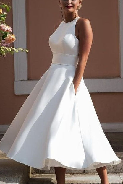 Sleeveless Tea-length Wedding Dress with Lace Hollow Back